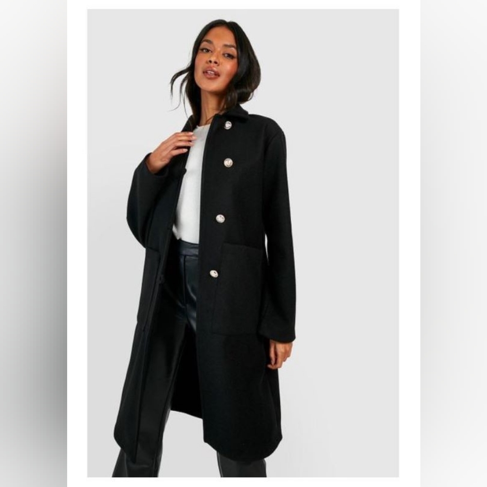 BOOHOO | NWT Black Peacoat with Silver Buttons